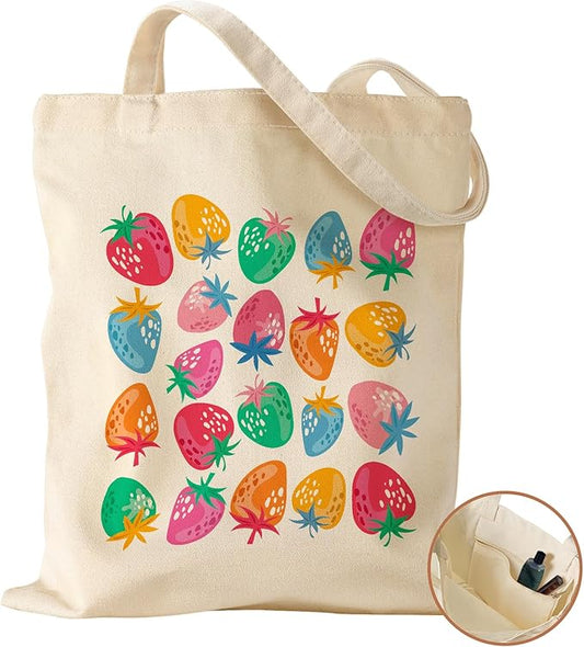 Aesthetic Canvas Tote Bag with Inner Pocket for Women, Cloth Cotton Totes Bag with Pattern for Shopping, Gym