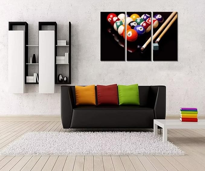 3 Piece Canvas Wall Art - Billiards Balls and Cues with Chalk - Modern Home Decor Stretched and Framed Ready to Hang (40''H x 60''W)