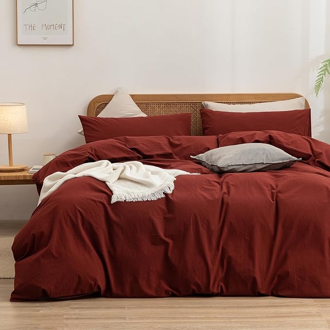 BESTOUCH Duvet Cover Set 100% Washed Cotton Linen Feel Super Soft Comfortable Chic Lightweight 3 PCs Home Bedding Set Solid Fired Brick Red Full/Double