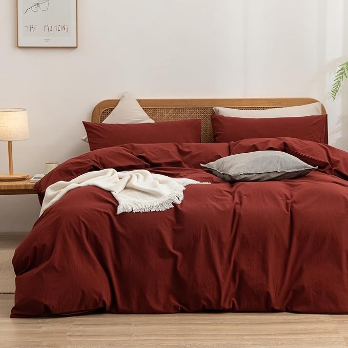 BESTOUCH Duvet Cover Set 100% Washed Cotton Linen Feel Super Soft Comfortable Chic Lightweight 3 PCs Home Bedding Set Solid Fired Brick Red King