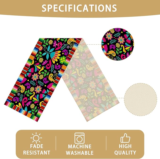 Mexican Flowers Burlap Table Runner Seasonal Spring Fall Kitchen Dining Linen Table Decoration for Indoor Outdoor Home Party Dinner 13x72 Inch