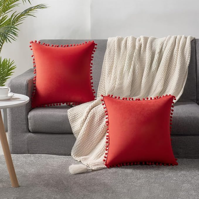 DEZENE Throw Pillow Covers 24x24 Red: 2 Pack Cozy Soft Pom-poms Velvet Square Decorative Pillow Cases for Farmhouse Home Decor