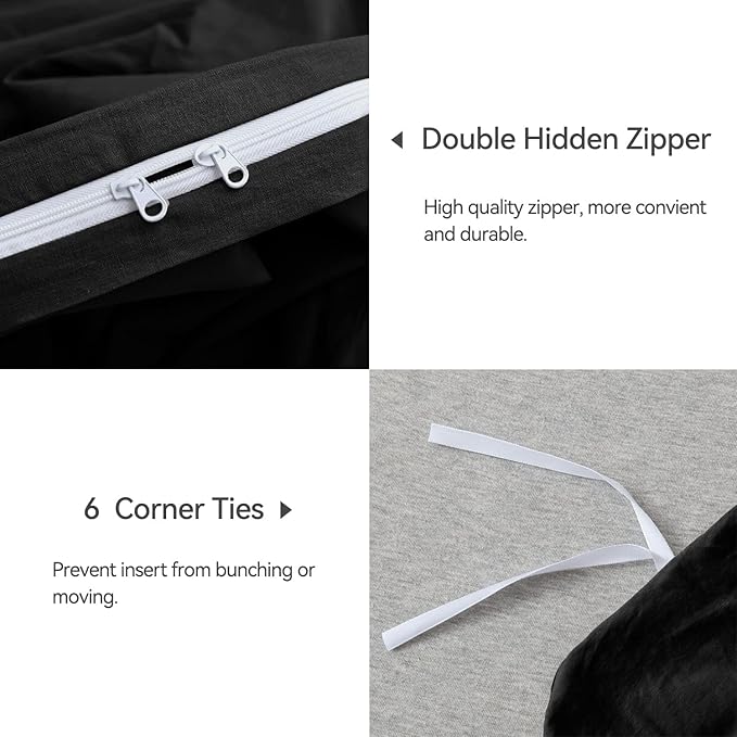 JELLYMONI Cotton Duvet Cover Twin Size - 100% Washed Cotton Linen Feel Textured Comforter Cover, 2 Pieces Breathable Soft Bedding Set with Zipper Closure(Black,Twin 68"×90")