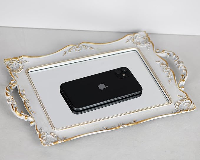 Antique Decorative Gold Framed Square Mirror Tray, Jewelry & Cosmetics Organizer for Dresser, Square - 9.5" W x 14.5" L (White)