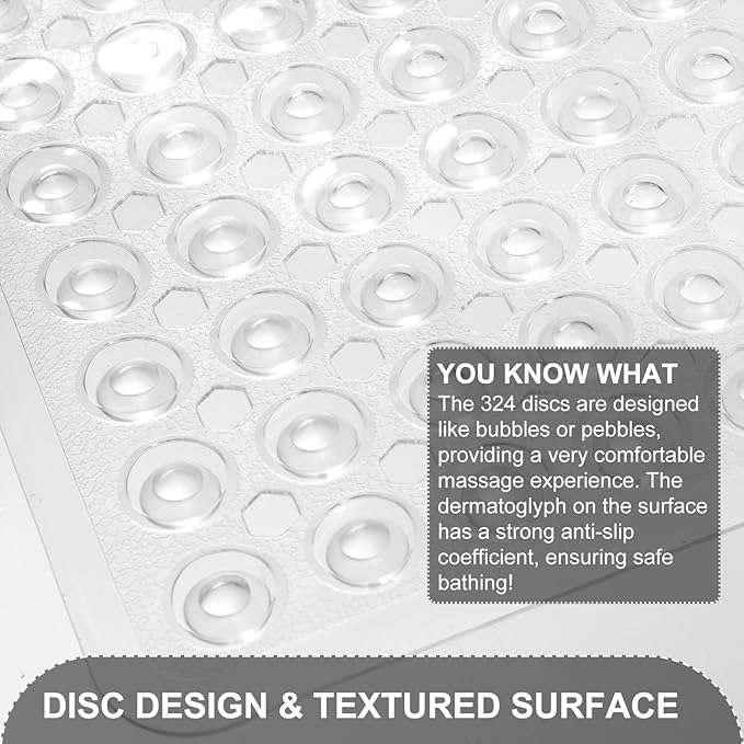 Bath Mat for Tub & Shower, Non Slip Soft Bathmat with Suction Cups & Drain Holes, Machine Washable Bathtub Floor Liner Mats for Bathroom, 35x16 Inch, Clear