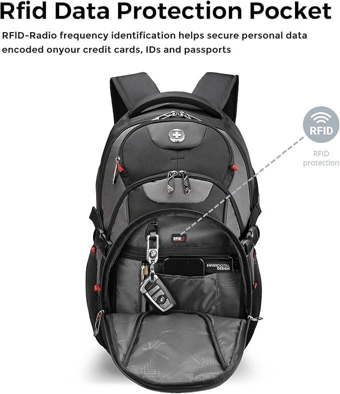 Swissdigital Design Laptop Backpack with USB Charging Port, Travel Backpack Fits 15.6 inches Computer, 31L College School Backpack for Men, Black/Grey | SD803