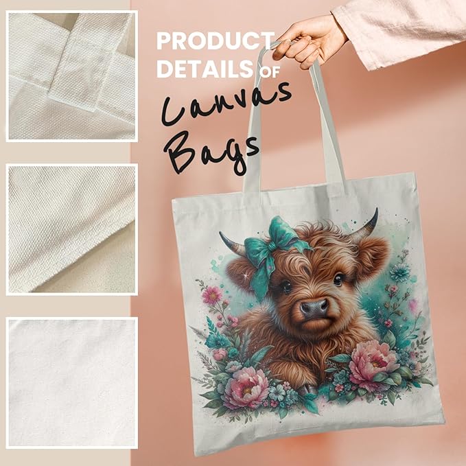Western Highland Cow Canvas Tote Bag - Highland Cow Lover Gifts,Canvas Shoulder Bag for Women for Girls