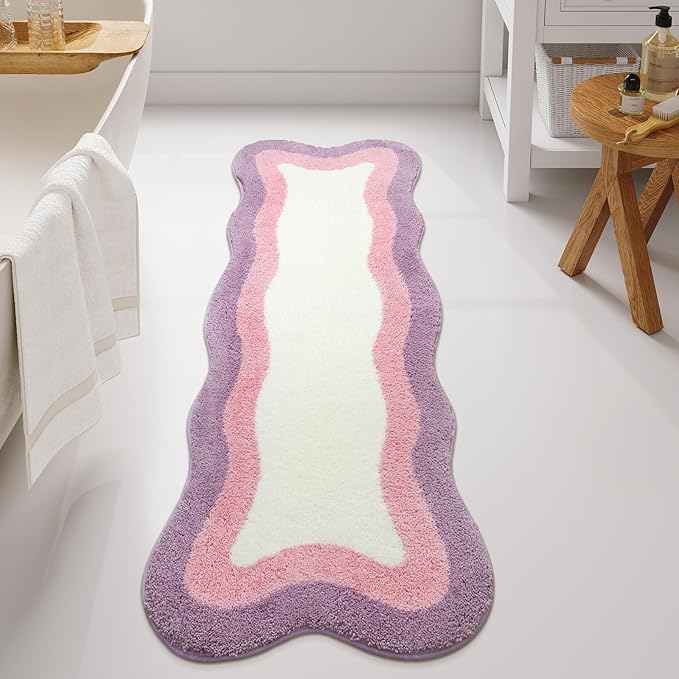 HAOCOO Luxury Soft Scalloped Runner Rug, 24x59 Inch Irregular Shape Non-Slip Bathmat, Microfiber Absorbent Washable Rugs for Bathroom Floor Bedside Sink Tub Shower
