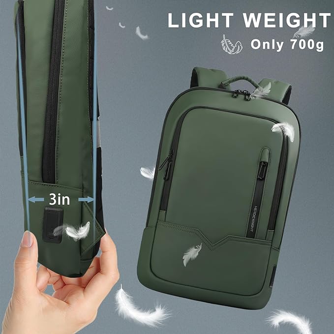 hk Backpack for Men Business Slim Backpack with USB Charger Computer Lightweight Anti-theft Travel (Green, 15.6 Inch)