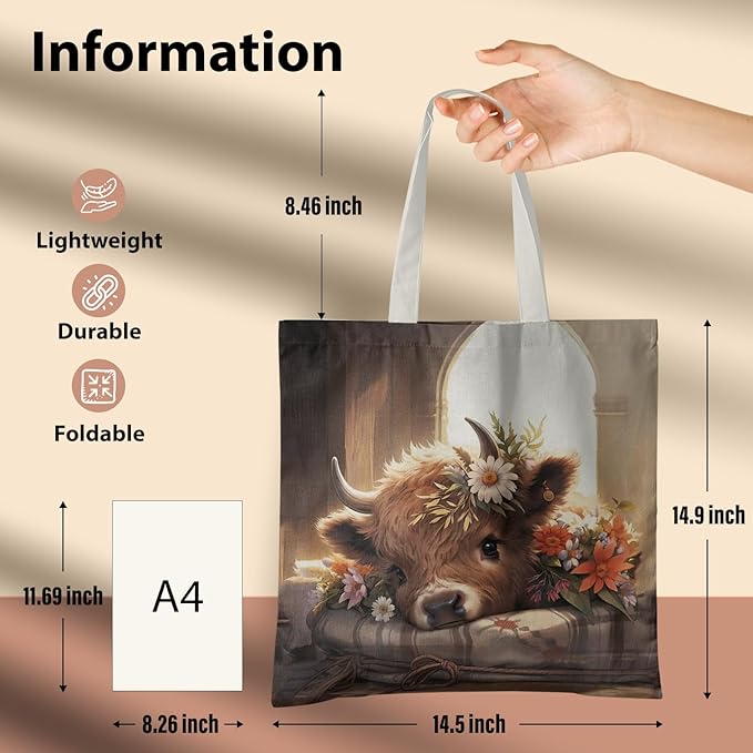 Western Highland Cow Canvas Tote Bag - Highland Cow Lover Gifts,Canvas Shoulder Bag for Women for Girls