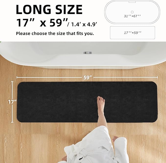 Black Bath Mat, Bathroom Rugs Non Slip Washable Thin Absorbent Quick Dry Bath Mat Fits Under Door Bathroom Floor Mat Perfect for Bath, Shower, or Sink 17"x59" Black
