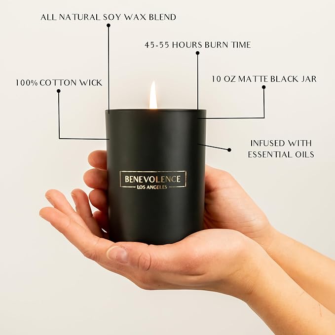 Benevolence LA Santal Scented Candle | Soy Candles, Black Candle for Home | Gifts for Women and Men | Home Fragrance | Aromatherapy | Bathroom Freshener | 10oz