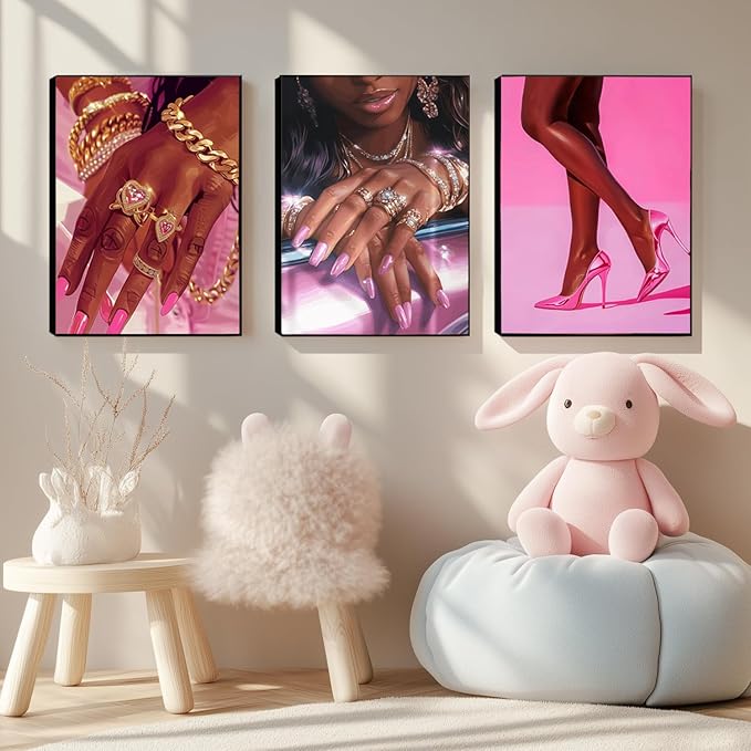 Pink Fashion Black Girl Canvas Wall Art Set of 3 African American Black Woman Posters Wall Decor Fashion Black Woman Pictures Prints for Living Room Bedroom Artwork Home Decoration 16x24Inch Unframed