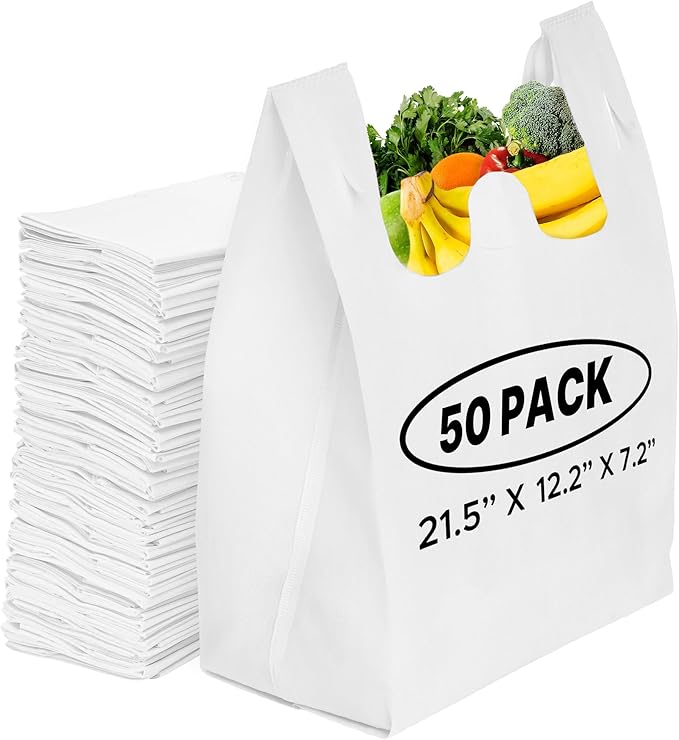 Simply Cool 50 Pack Reusable Eco-Friendly Grocery T-Shirt Shopping Bags 21.5"x12.2"x7.2" Durable, Recyclable Washable Foldable Portable Shopping Tote Bags Bulk