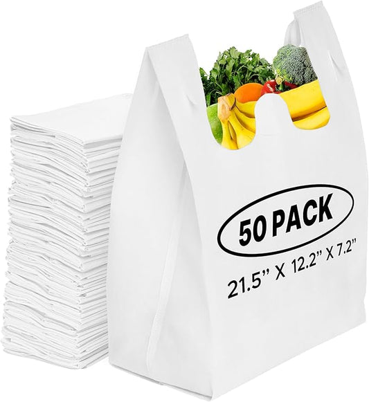 Simply Cool 50 Pack Reusable Eco-Friendly Grocery T-Shirt Shopping Bags 21.5"x12.2"x7.2" Durable, Recyclable Washable Foldable Portable Shopping Tote Bags Bulk