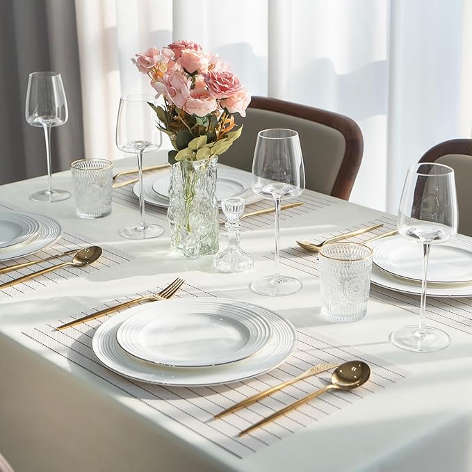 Placemats Set of 8 Vinyl/Plastic Woven Place Mats for Kitchen Table Indoor/Outdoor Washable Placemat Wipeable Dining Table Mats (White Stripes,8)