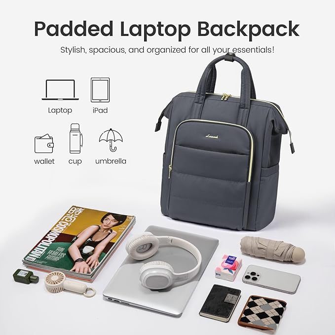 LOVEVOOK Laptop Backpack Women 15.6 inch,Lightweight Puffer Travel Backpack for Women,Quilted Laptop Bag Computer Work Teacher Nurse Backpack,Womens Backpack Purse for College Business,Dark Grey