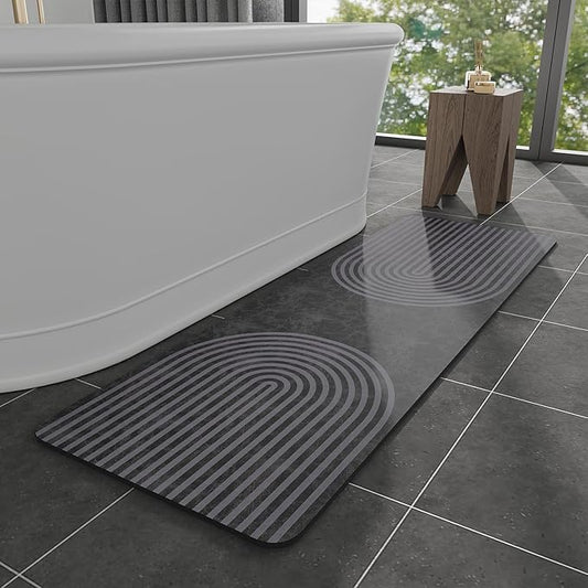 MontVoo -Bath Mat-Non Slip Thin Bathroom Rugs Fit Under Door- Quick Dry Absorbent Faux Suede Surface Grey Bathroom Floor Mats-Shower Rug for in Front of Bathtub Shower Dark Grey Arched 17x59