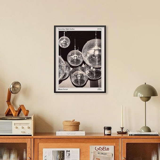 70s Disco Ball Newspaper Wall Art Vintage Black and White Art Posters 16x24 inch Black Framed Funky Aesthetic Canvas Prints Retro Bar Cart Decor for Bar Bedroom