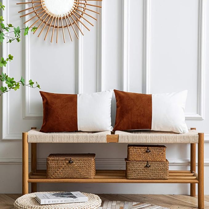 DEZENE Leather Throw Pillow Covers, Set of 2 Modern Leather/Cotton Decorative Pillowcases for Home Decor Bedroom Living Room Couch Bed Sofa, 12x20 Inch, Cognac-Brown and White