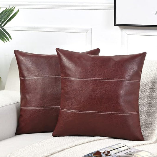 Fancy Homi 2 Packs Burgundy Faux Leather Decorative Throw Pillow Covers 16x16 Inch for Living Room Couch Bed, Modern Farmhouse Home Decor, Wine Red Hand Stitched Accent Square Cushion Case 40x40 cm