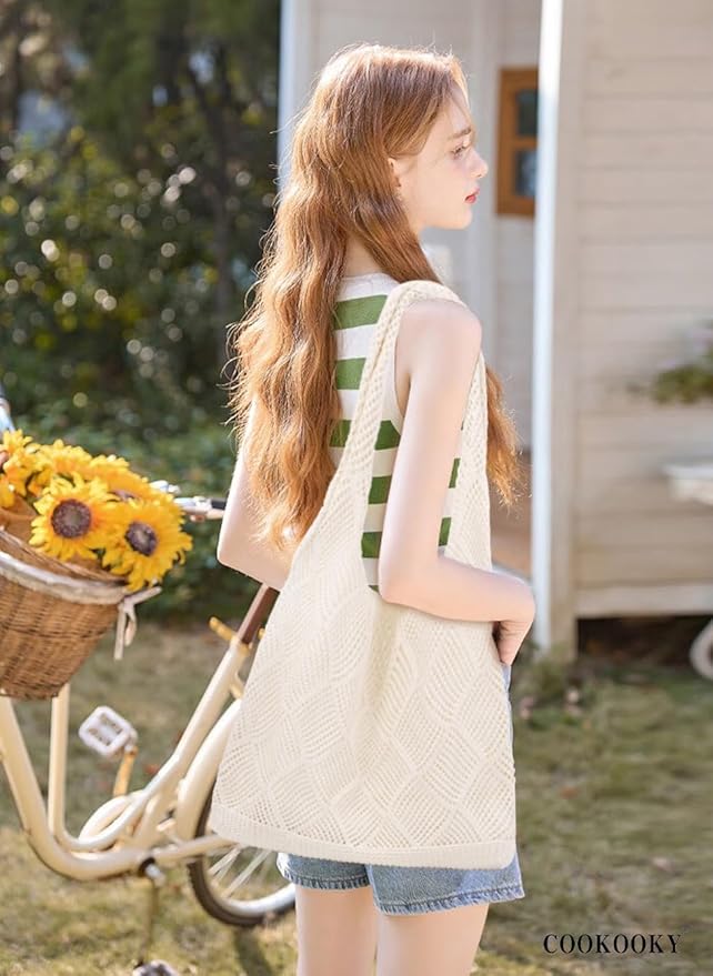 COOKOOKY Crochet Beach Tote bag Summer Beach Bag for Women Aesthetic Mesh Tote Bag Hippie Bag Knit Bag