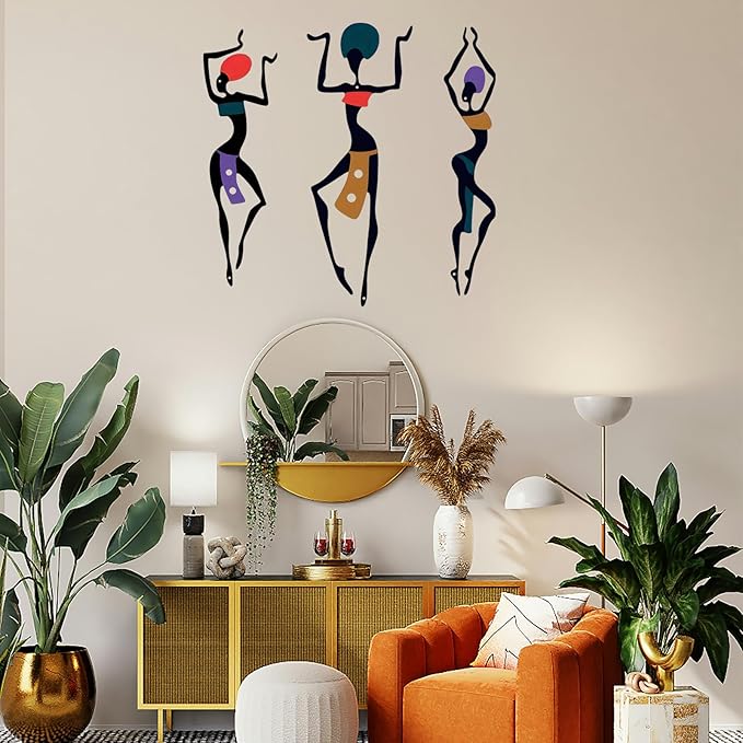 African Wall Decor Art, 3 Pieces Metal Wall Aesthetic Hallway Decor accessories, Maximalist Hanging Wall Decor, Ethnic Dance Style Drawing Wall Decorations, For Home Living Room Bedroom and Bathroom