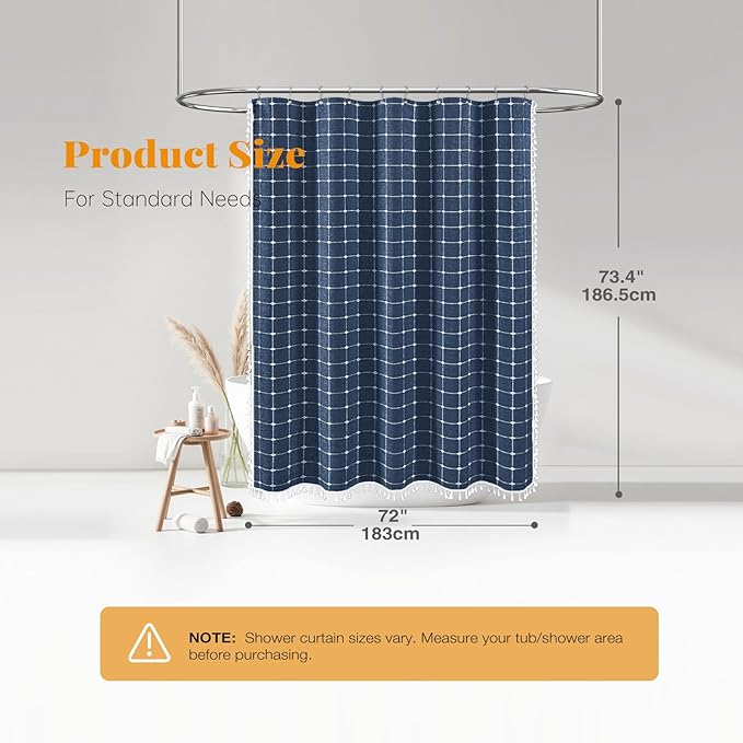 BTTN Boho Farmhouse Shower Curtain - Linen Rustic Heavy Duty Fabric Shower Curtain Set with Tassel, Water Repellent, Bohemian Vintage Country Thick Cloth Shower Curtains for Bathroom, Navy Blue, 72x72