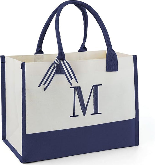 BeeGreen Embroidery Monogram Initial Tote Bag for Women Teacher Mom Friend Personalized Gift for Birthday Beach Work Wedding