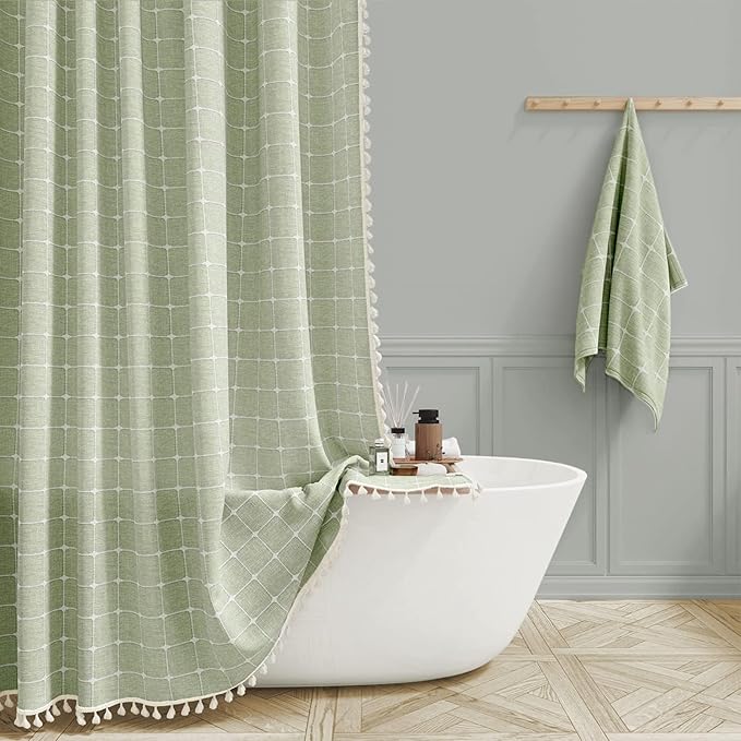 BTTN 84 Inch Wide Shower Curtain - W84xH72 Inch Boho Farmhouse Linen Fabric Thick Shower Curtain Set with 14 Plastic Hooks, Large Country Water-Resistant Cloth Bath Curtains for Bathroom - Sage Green