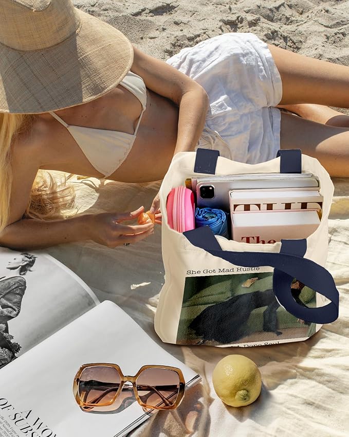 Aesthetic Heavy Canvas Tote Bag with Pocket for Women, Cloth Gusseted Totes Bag with Pattern for Shopping