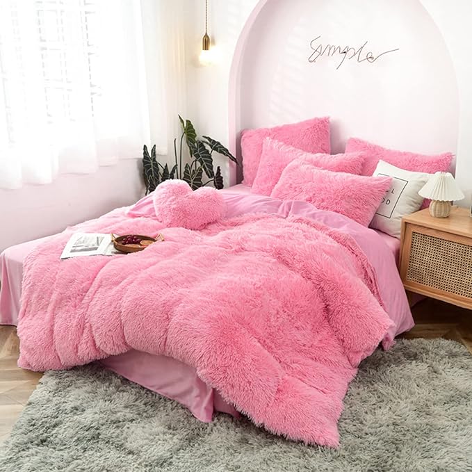 MorroMorn 5 PCS Shaggy Duvet Cover Bedding Set - Long Faux Fur Luxury Ultra Soft (Pink, Full/Queen)