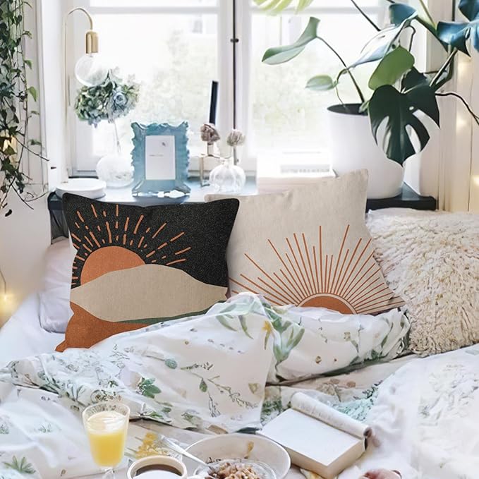 HIWX Boho Pillow Covers, Sun Moon Mountains Decorative Outdoor Throw Pillow Covers, Modern Sunshine Sunrise Landscape for Bedroom Home Decor - Set of 4, 18 x 18