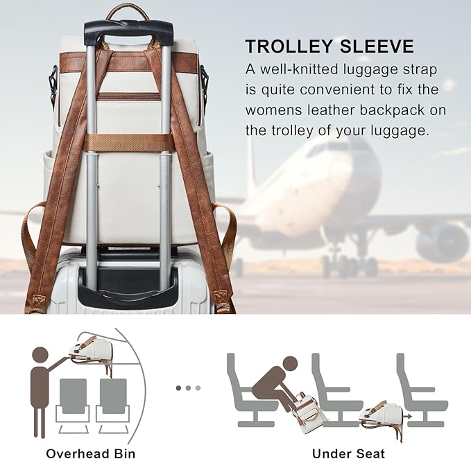 Shrrie 15.6 inch Laptop Backpack for Women,Large Leather Backpack Purse,Travel,Carry on,Water Resistant Casual Laptop Backpacks,College Backpack,Work Backpack for Women,Beige with Brown