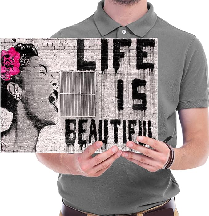 Wieco Art Banksy Life is Beautiful Modern Gallery Wrapped Giclee Canvas Prints Artwork Grey Love Abstract Pictures Paintings on Canvas Wall Art Ready to Hang for Bedroom Home Office Decorations