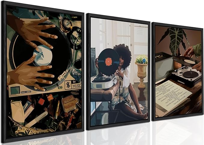YFvrPt Black Woman Wall Art Set of 3, Fashion African American Women Wall Decor Trendy Abstract Girl Canvas Prints Aesthetic Pictures for Bedroom Living Room 16x24 inch Black Framed