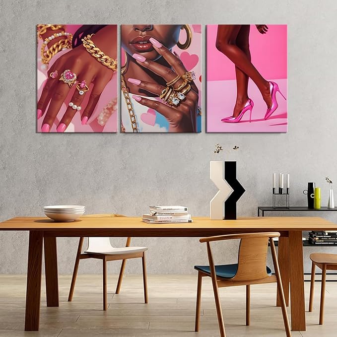 ANVOTIG 3Pcs Black Girl Wall Art Pink Framed Decor African American Woman Canvas Prints Fashion Posters Gorgeous Pictures Living Room Bedroom Home Decoration16x24In