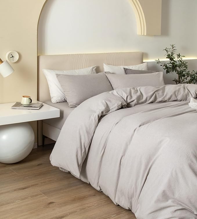 JIYUAN 100% Washed Cotton Duvet Cover Set 3 Pieces Alaska King, 1 Duvet Cover 132x120 Inches(Comforter Not Included) and 2 Pillowcases,Linen Feel Bedding Set Comfy and Breathable,Heathered Cream Grey