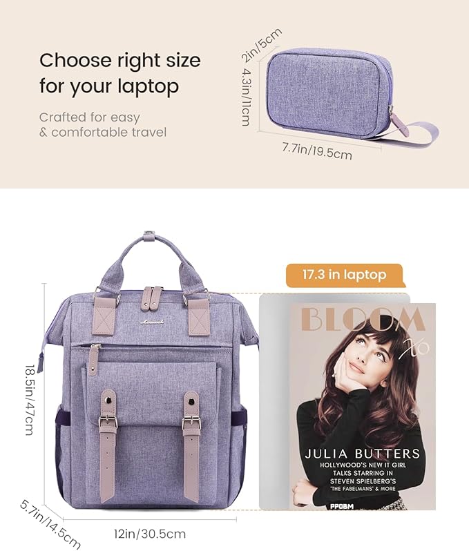 LOVEVOOK 17 Inch Backpack for Women, Laptop Bag Teacher Nurse Work Bags, Large Travel Backpack Business Computer Laptop Bag, College Backpack Stylish Daypack, Light Purple