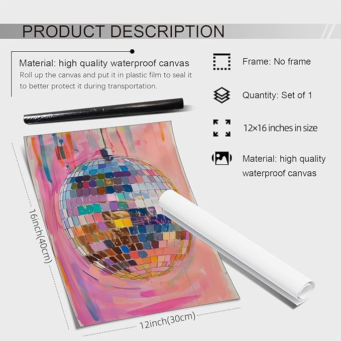 Sufeasdf Retro Pink Disco Ball Posters Cool Y2k Aesthetic Canvas Wall Art Fashion Pink and Orange Disco Ball Painting Prints for Girly Wall Decor 12x16 inch Unframed