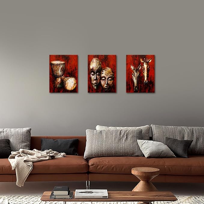 KREATIVE ARTS Vintage Tribal African Canvas Art Authentic Masks, Drums, Zebra & Giraffe Wooden Symbols Painting Giclee Prints Artwork for Home, Living Room & Bedroom Each Panel 12x16 Inches
