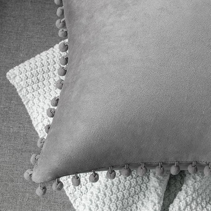 DEZENE Decorative Pillow Cases 20x20 Light-Grey: 2 Pack Cozy Soft Pom-poms Velvet Square Throw Pillow Covers for Farmhouse Home Decor