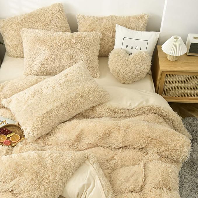 MorroMorn 5 PCS Shaggy Duvet Cover Bedding Set - Fluffy Comforter Cover Long Faux Fur Luxury Ultra Soft Cozy (Khaki, King/California King)