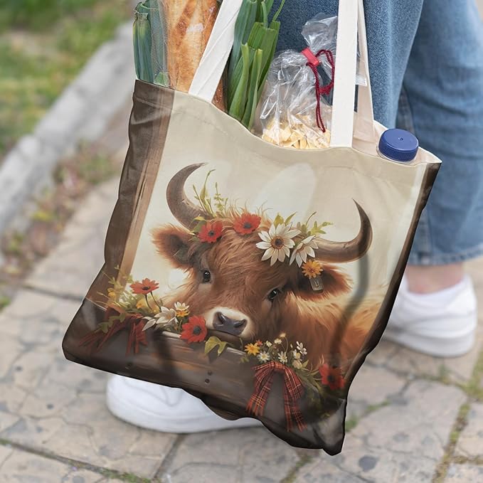 Western Highland Cow Canvas Tote Bag - Highland Cow Lover Gifts,Canvas Shoulder Bag for Women for Girls