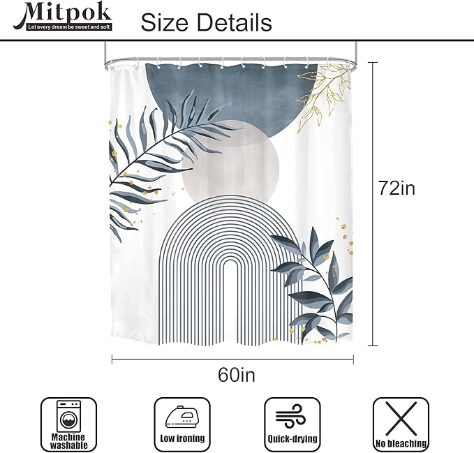 Blue Gray Boho Shower Curtain 60Wx72H Abstract Grey Bohemian Modern Leaves Mid Century Minimalist Plant Bathroom Decor Contemporary Simple Neutral Bath Curtain Fabric Polyester 12 Pack Hooks