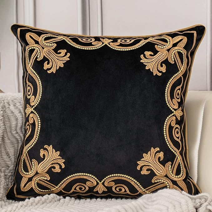 Aeckself European Floral Pillow Cover 24x24 Inch, Large Luxury Velvet Embroidered Decorative Throw Pillow Cover for Couch Bedroom Living Room, Black and Gold, Yw-OBYG-Black6060