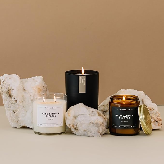 Calyan Wax Co. Soy Wax Candle, Palo Santo + Cypress Scented Candle, 57 Hour Burn Time, Aromatherapy Soy Candles, Non Toxic & Vegan Soy Wax, Amber Glass Jar Scented Candles, 7.2oz