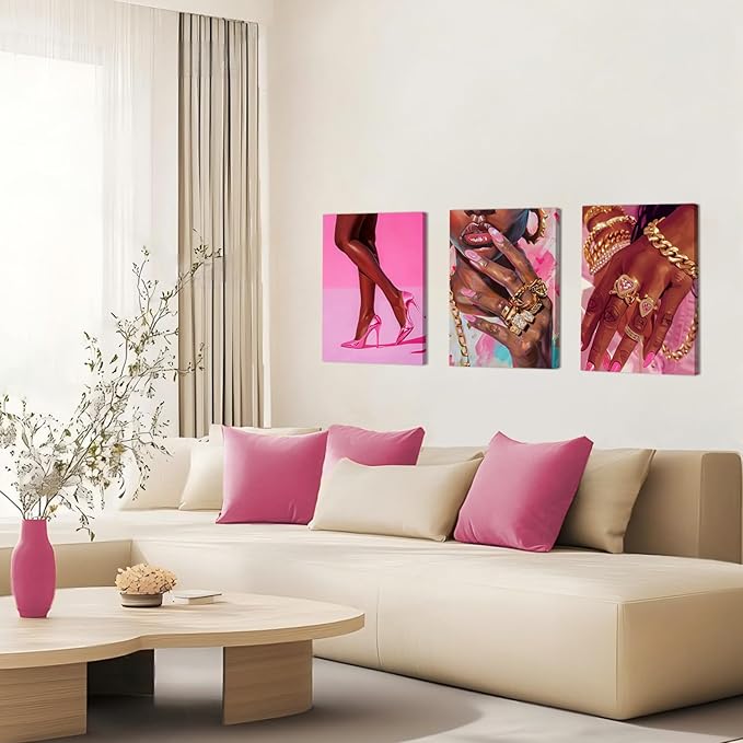 Black Girl Wall Art Set of 3 Pink Fashion Black Woman Canvas Wall Decor Pictures African American Women Paintings Home Decor Posters Prints for Living Room Bedroom Bathroom 12x16Inch Framed
