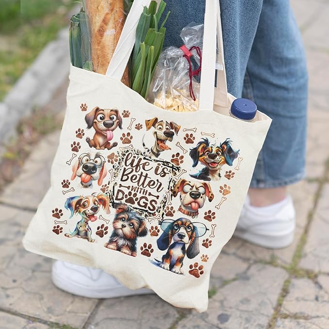 Dog Mom Canvas Tote Bags - Reusable Grocery Bags for Shopping, Funny Dog Lover Gifts for Women