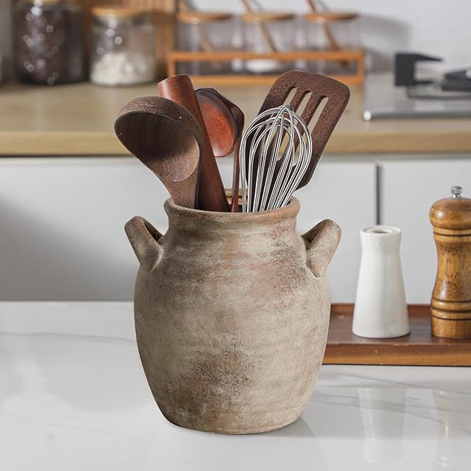 Ceramic Flower Vase Home Decor - Farmhouse Table Vases with Handle Living Room Decoration Vintage Decorative Aesthetic for Shelf Coffee Dining Desk House Bookshelf Fireplace (7.1" Retro)